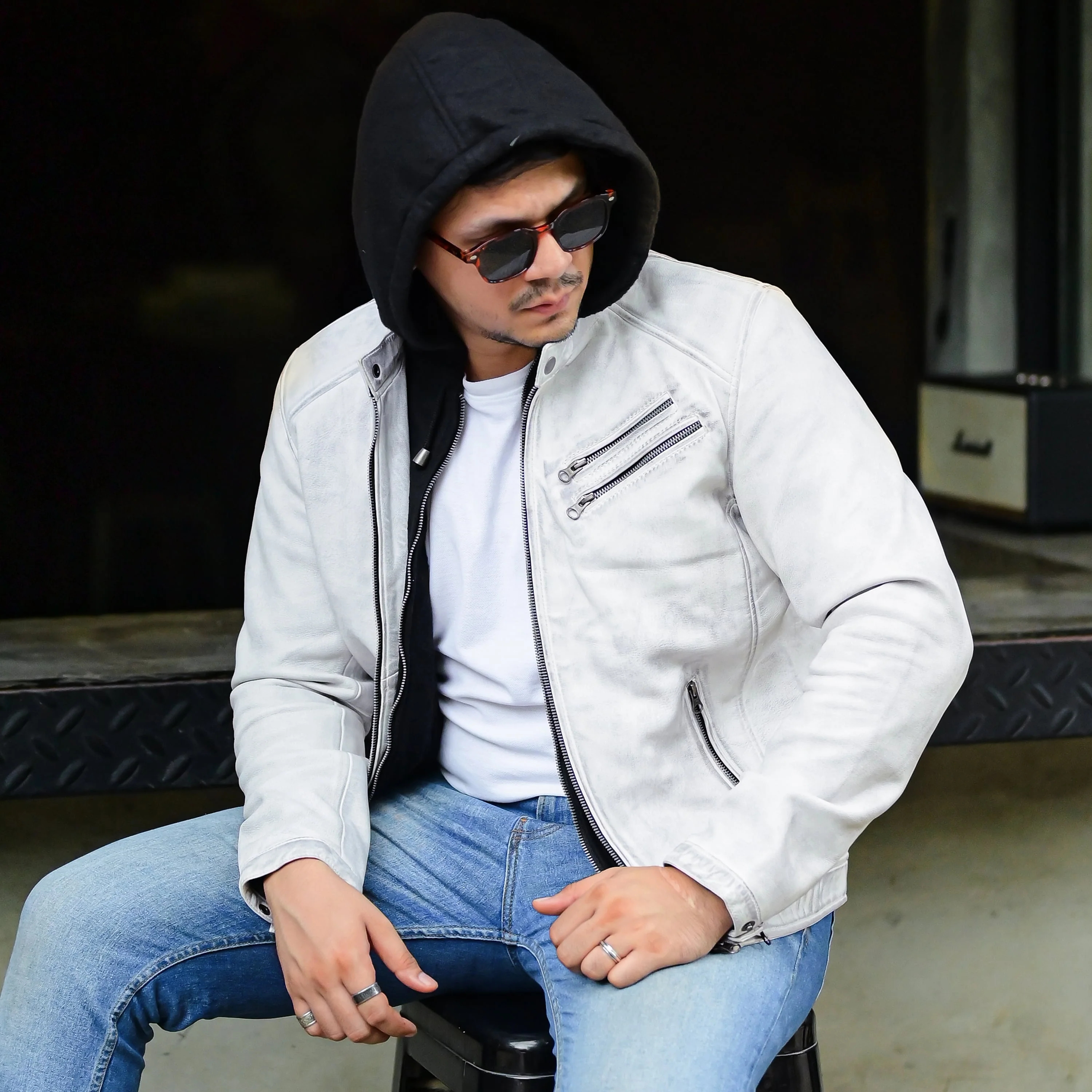 Mens White Casual Hooded Vintage Leather Jacket with Removable Hood